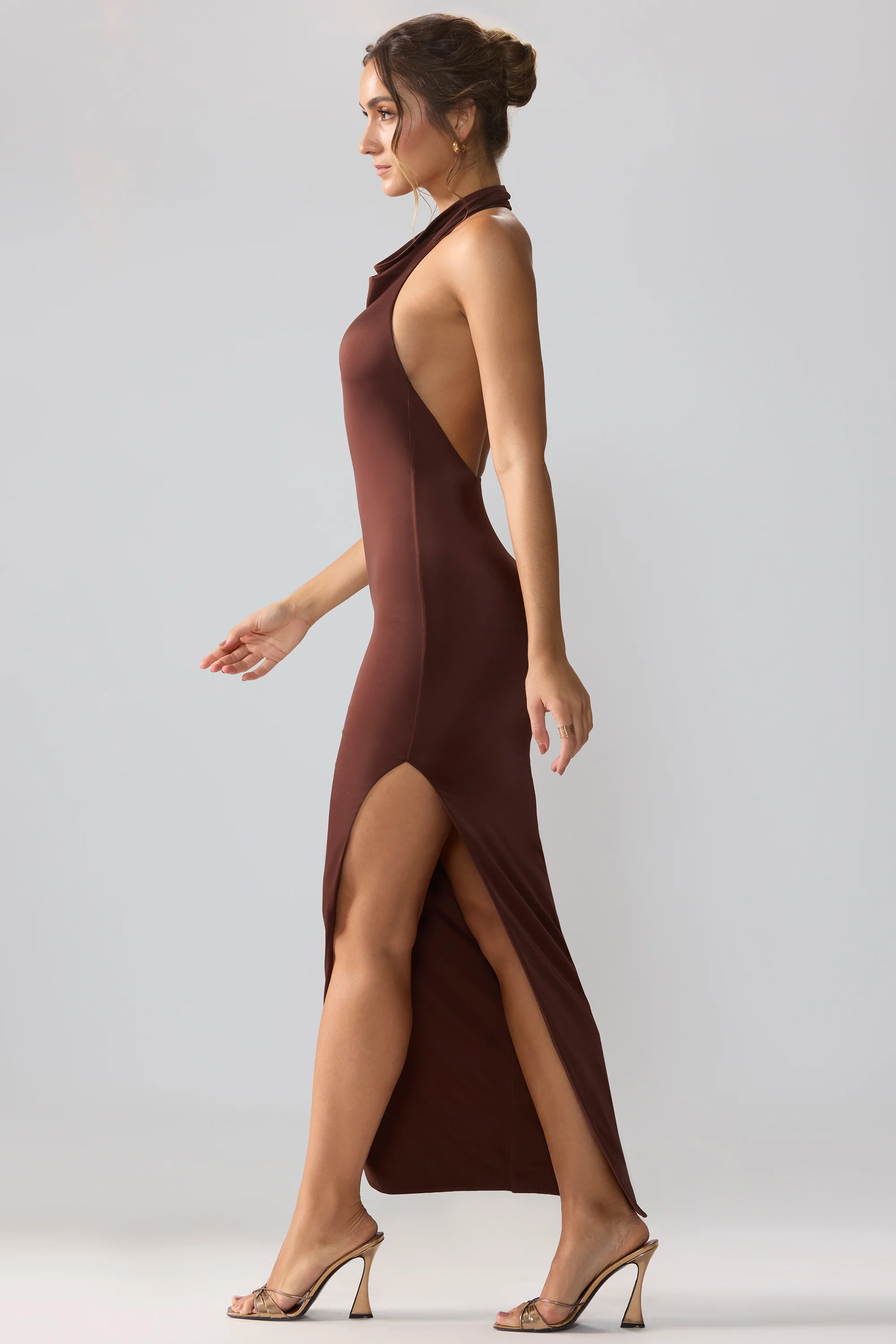 Premium Jersey Cowl Neck Backless Maxi Dress in Espresso - Image 3