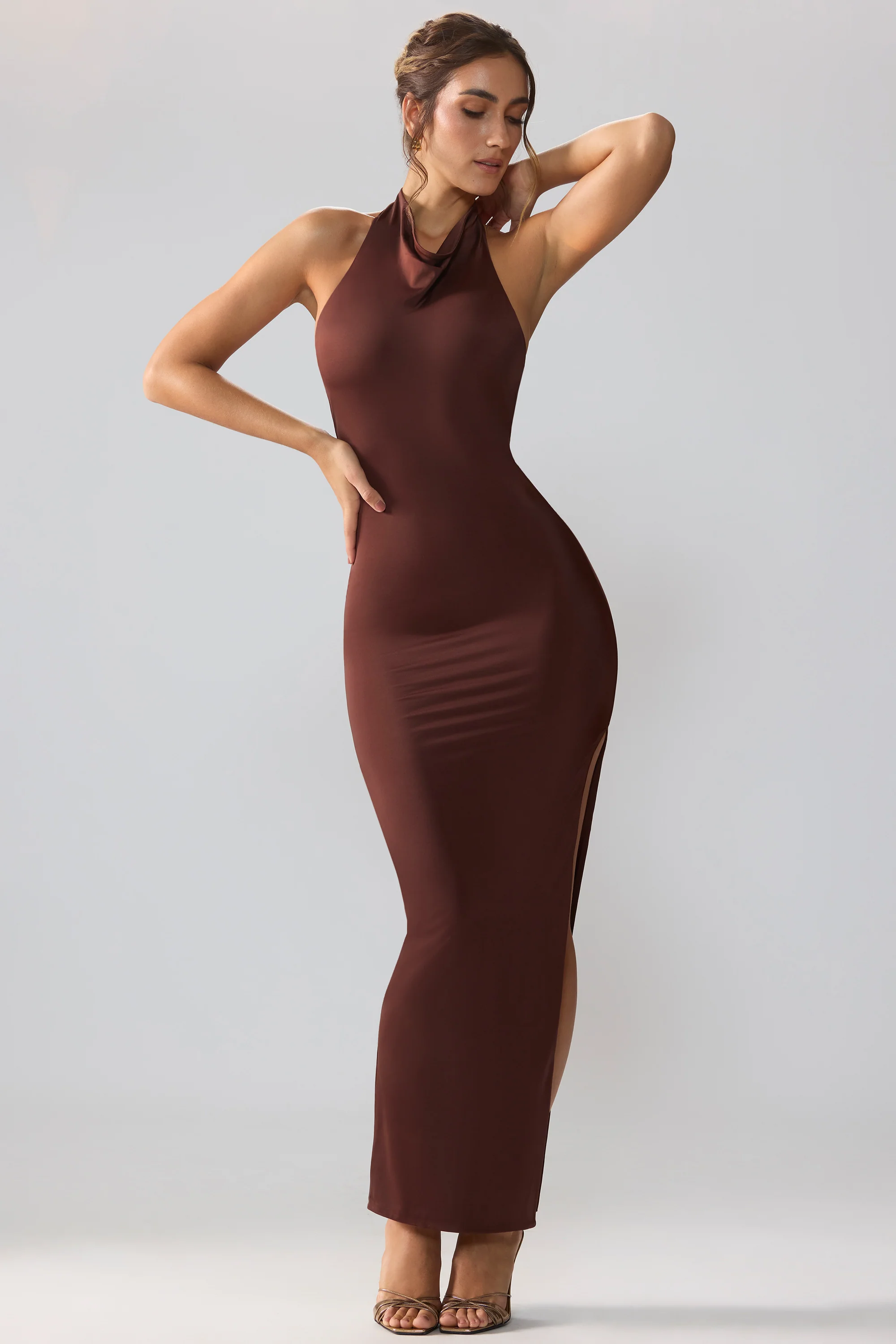 Premium Jersey Cowl Neck Backless Maxi Dress in Espresso - Image 4