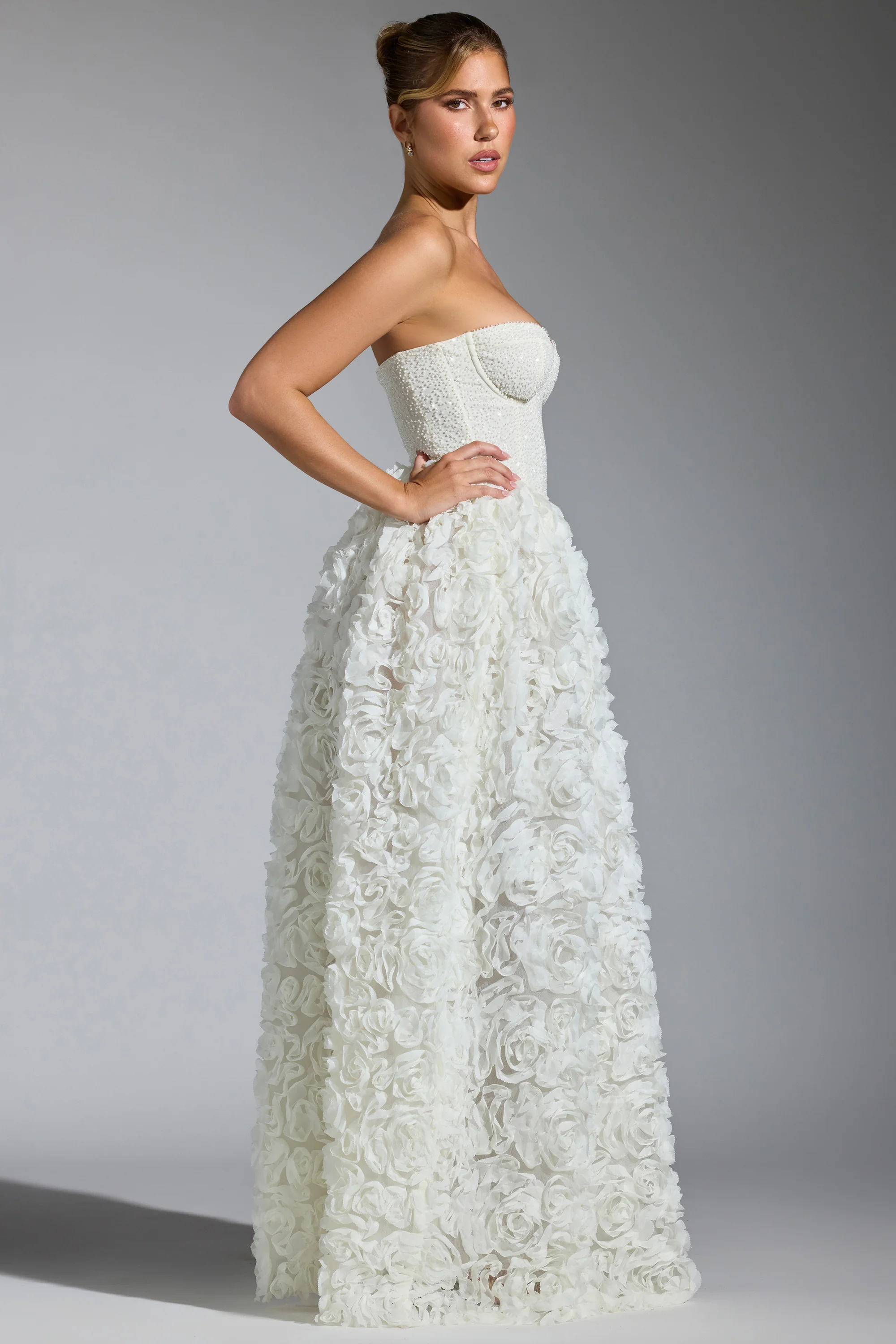 Embellished Floral-Appliqué Corset Gown in White - Image 3