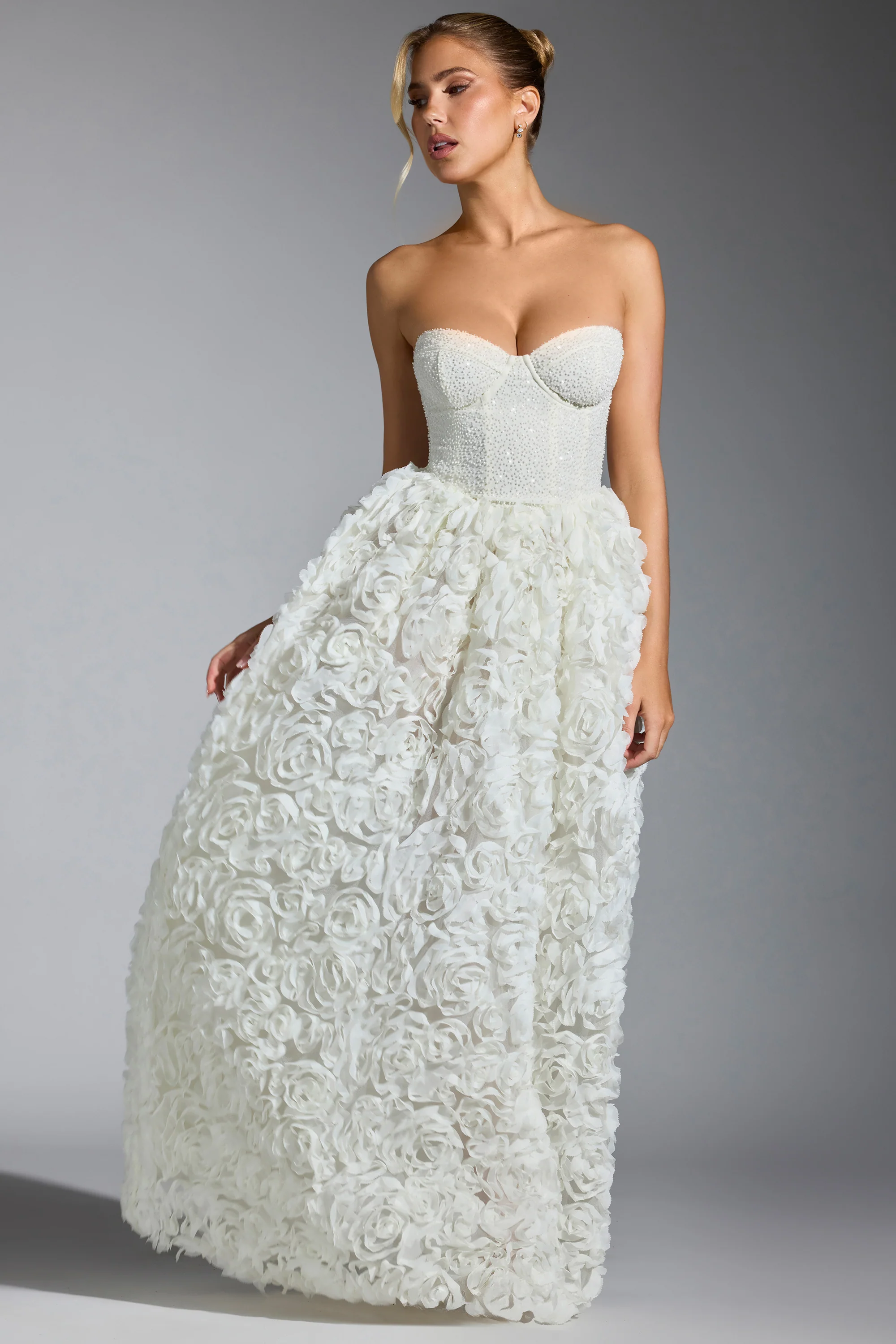 Embellished Floral-Appliqué Corset Gown in White - Image 5