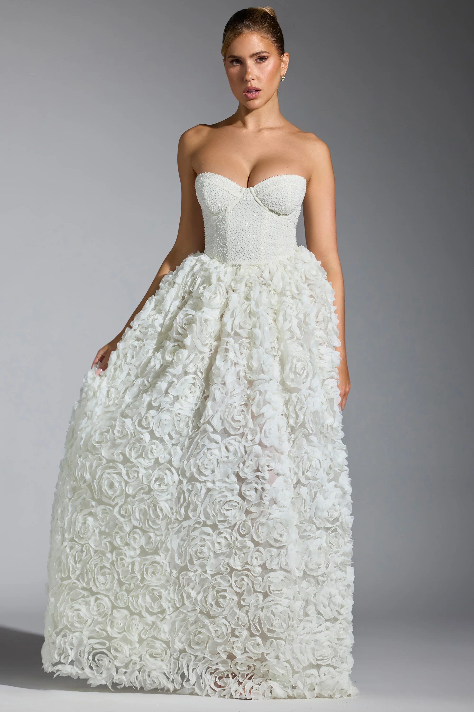 Embellished Floral-Appliqué Corset Gown in White - Image 6