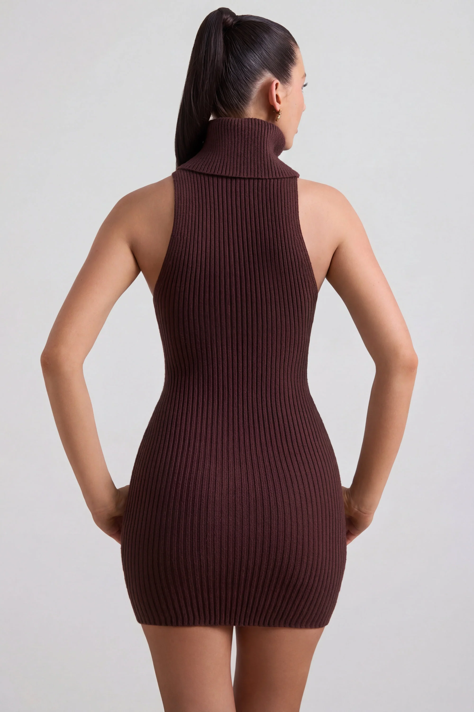 Ribbed-Knit Turtleneck Mini Dress in Espresso - Image 2