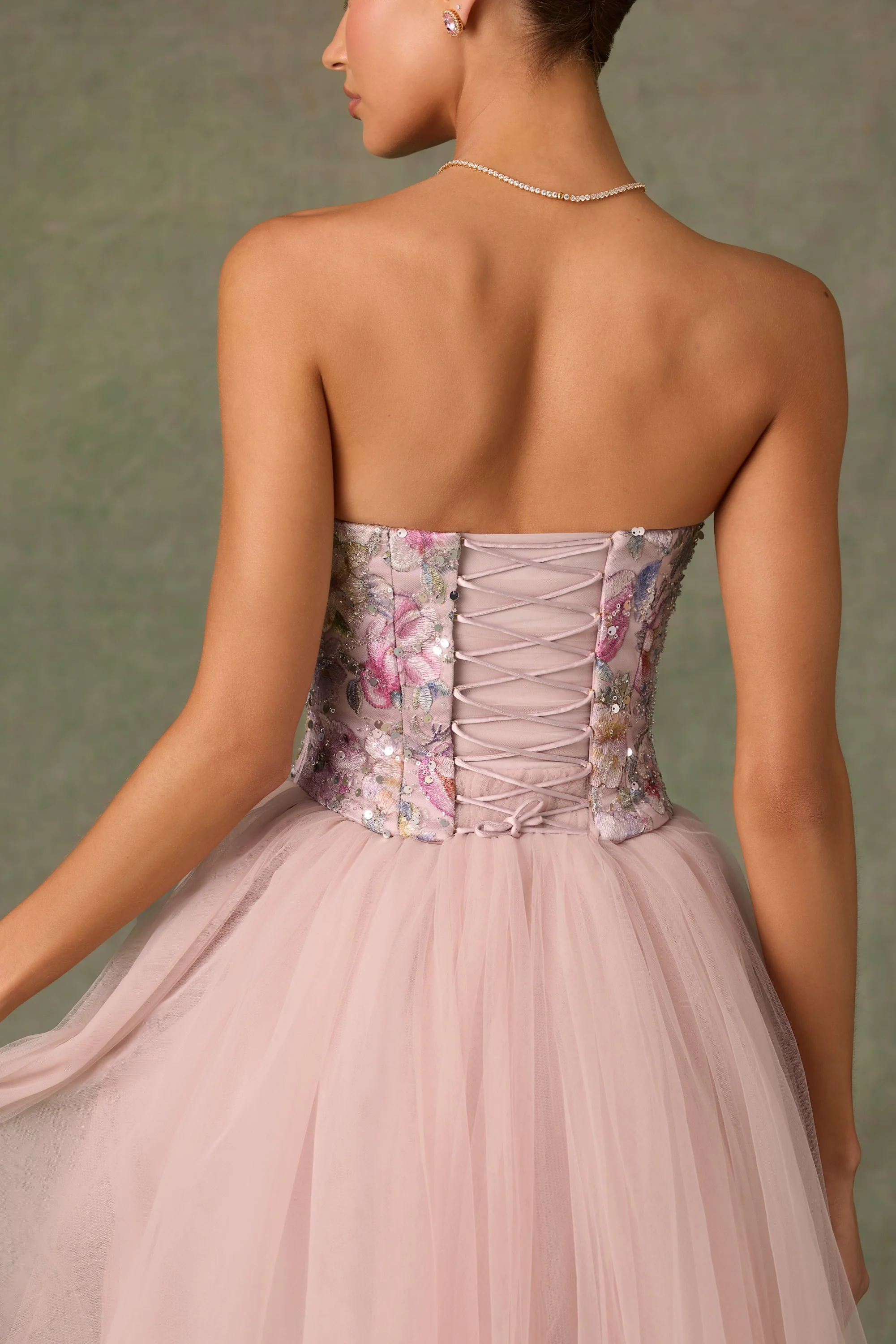 Embellished Lace-Up Cupless Corset in Floral Pink - Image 5