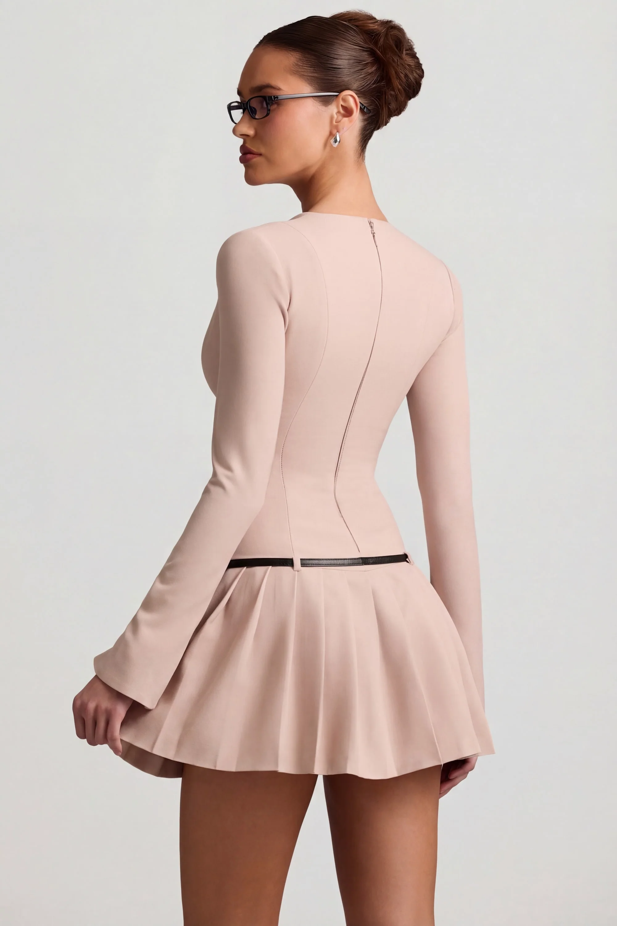 Long-Sleeve Pleated Mini Dress in Mushroom - Image 2
