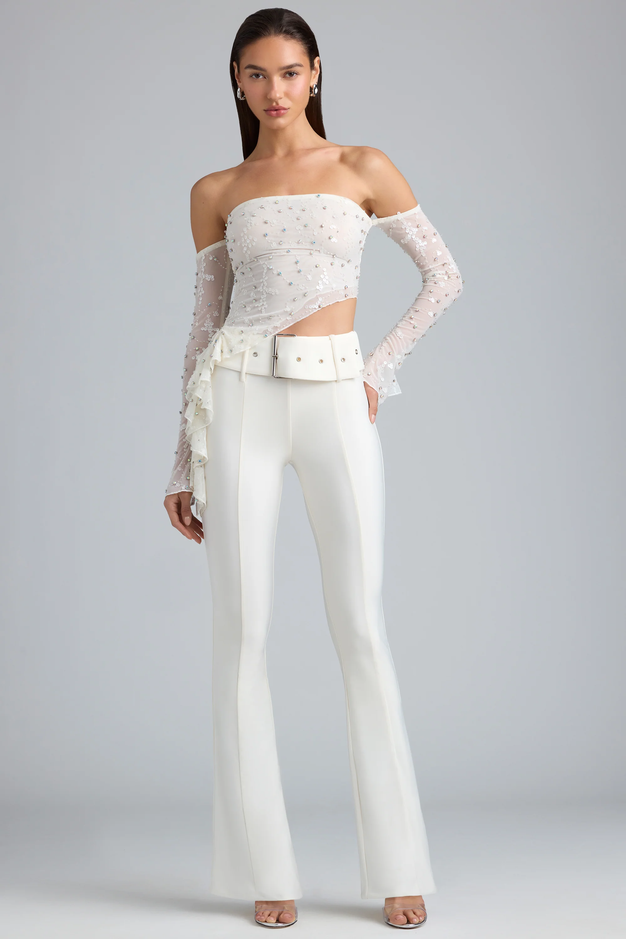 Metallic Belted Mid-Rise Flared Trousers in Ivory - Image 5