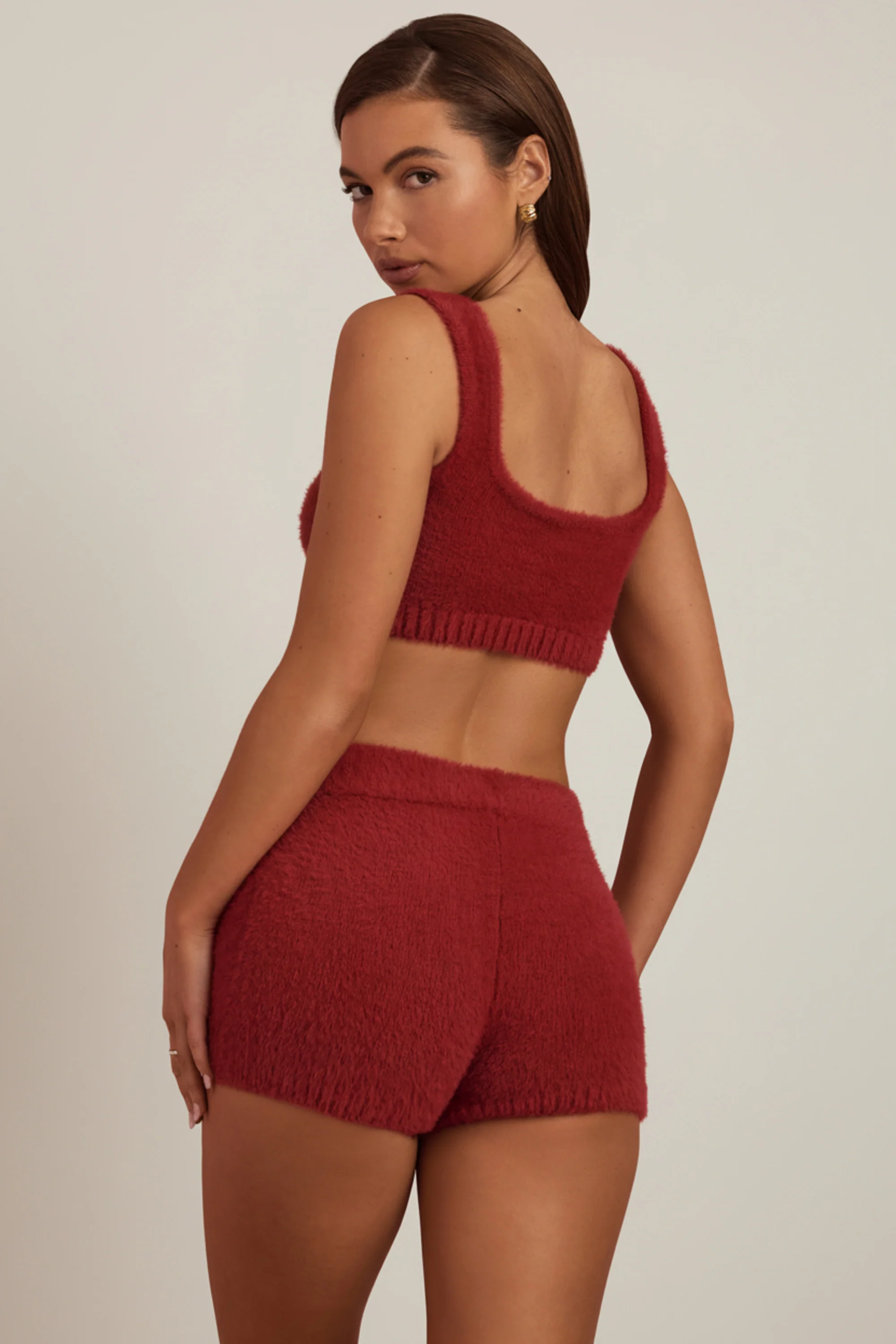 Fluffy Knit Mid-Rise Mini Shorts in Ruby Red - Image 2