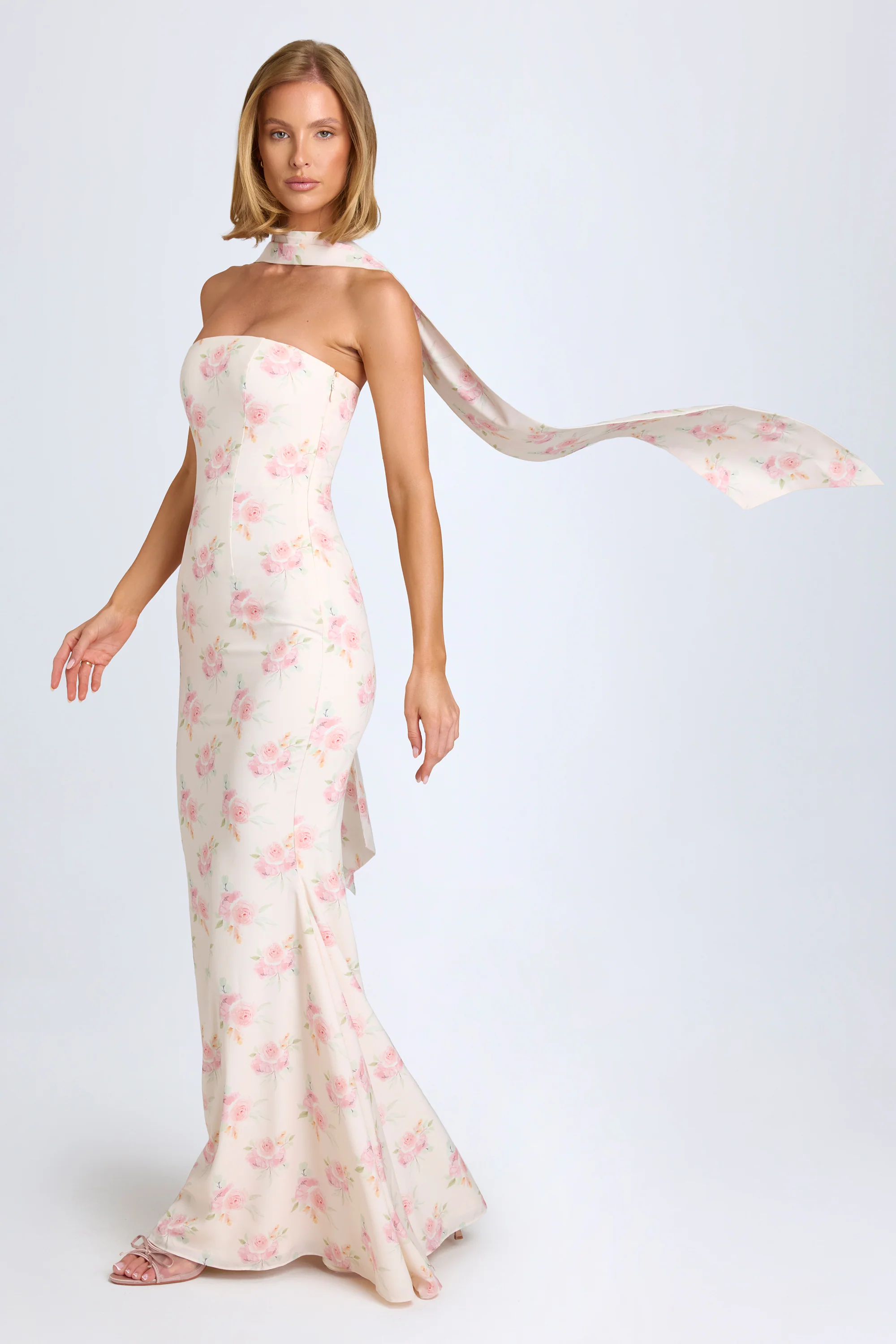 Scarf-Detail Strapless Gown in Large Rose Print - Image 8