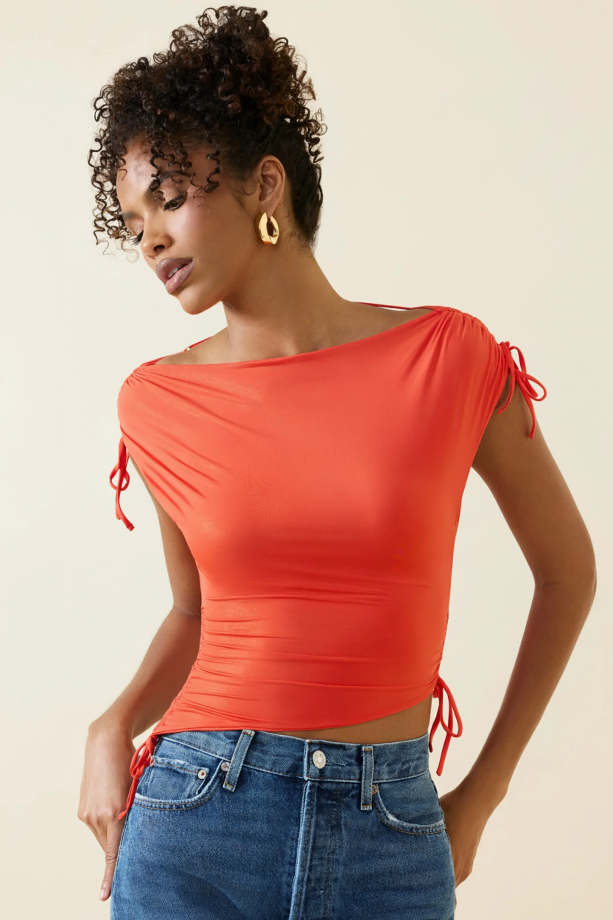Asymmetric Ruched Cowl-Back Crop Top in Scarlet - Image 4