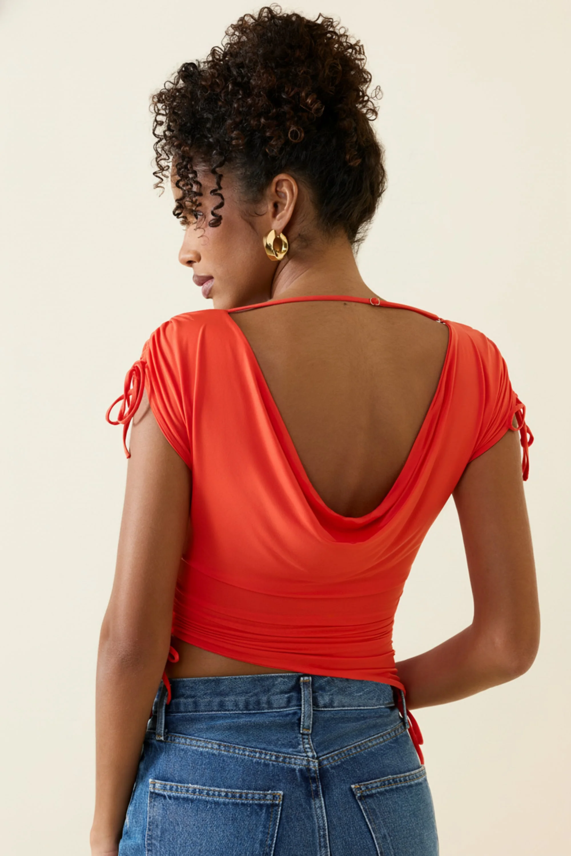 Asymmetric Ruched Cowl-Back Crop Top in Scarlet - Image 7