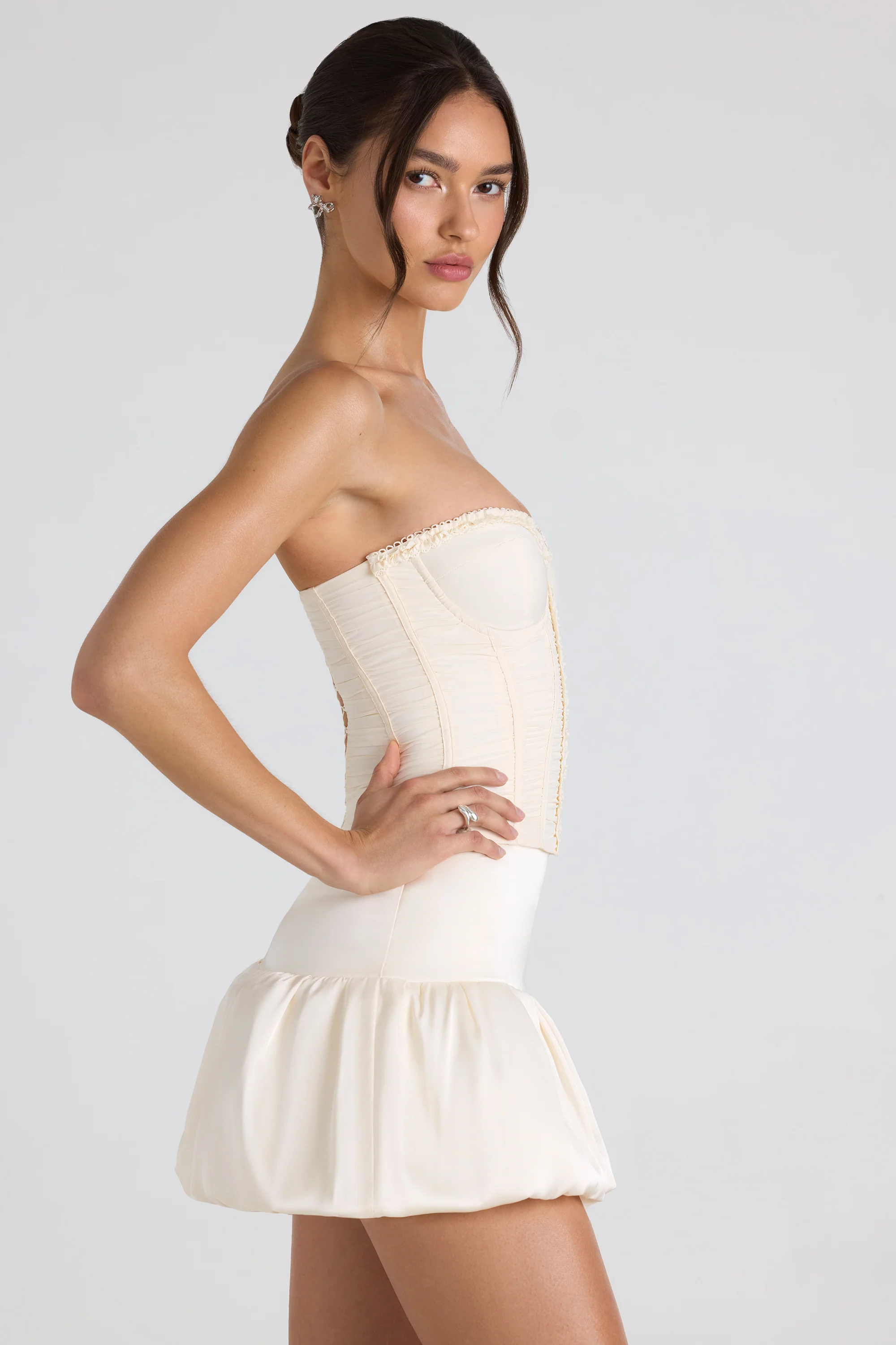 Ruched Lace-Up Strapless Corset Top in Ivory - Image 11