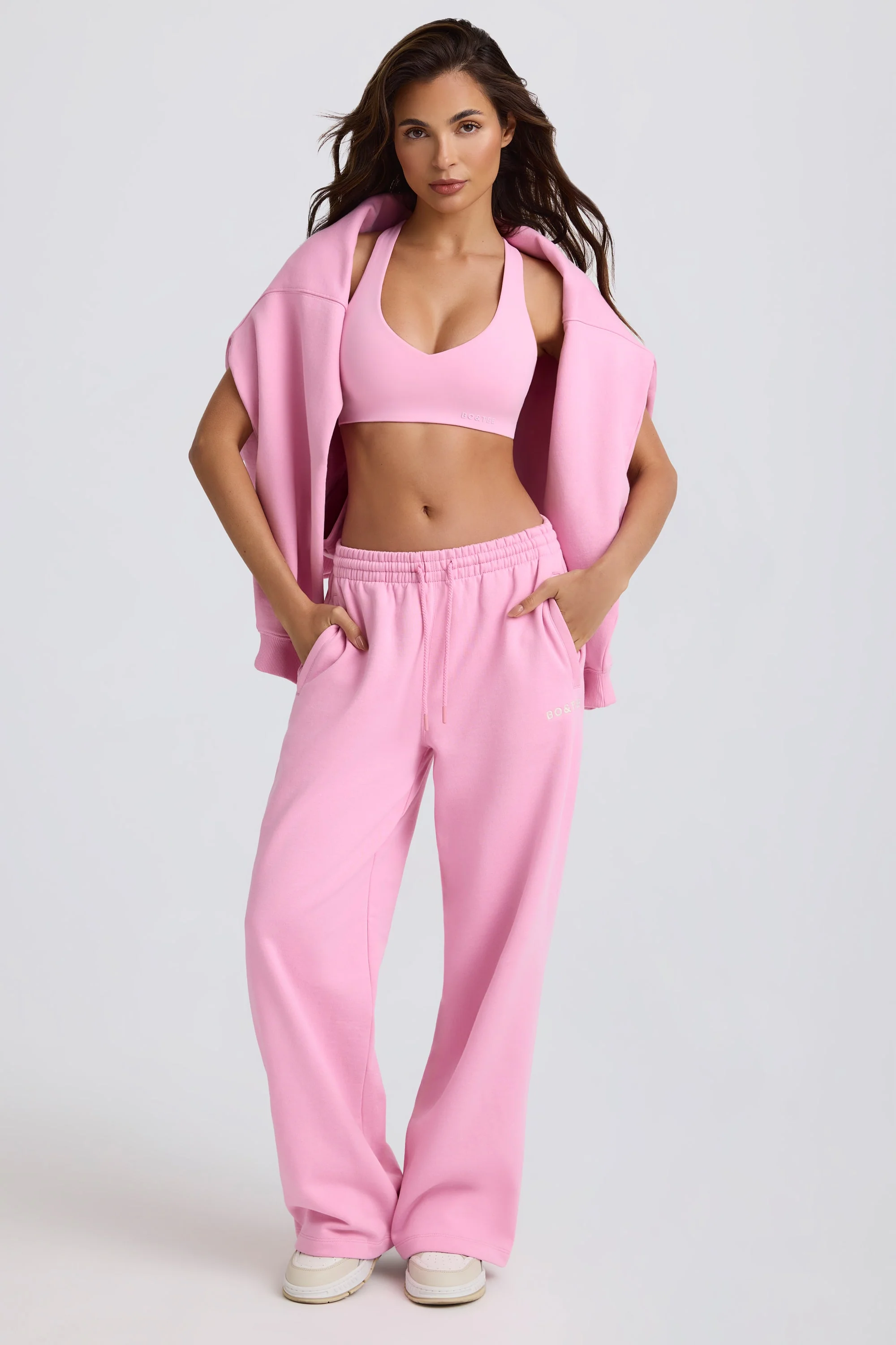 Soft Cotton Jersey Mid-Rise Wide-Leg Joggers in Baby Pink - Image 9