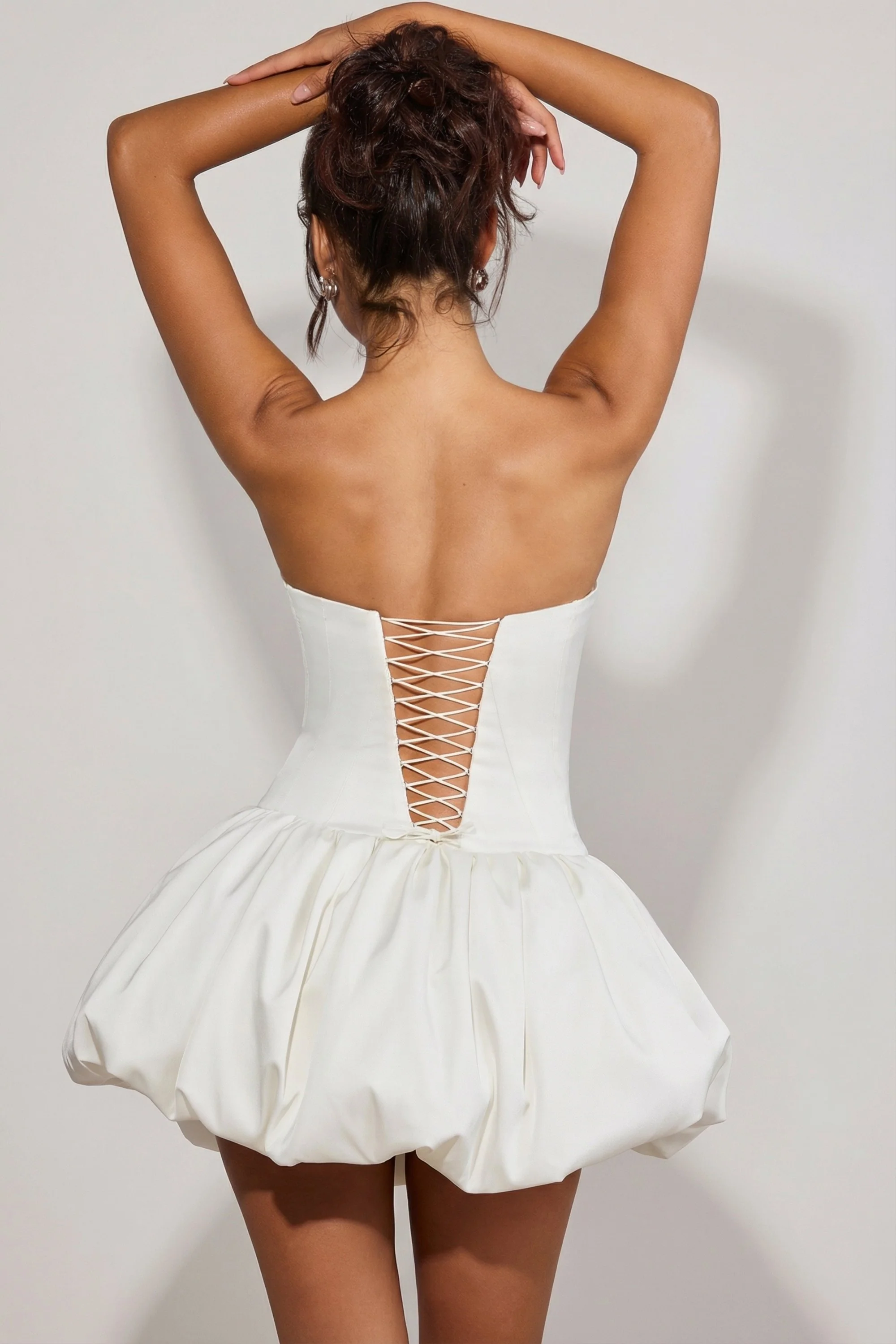 Lace-Up Bubble Hem Corset Micro Mini Dress in White - Image 6