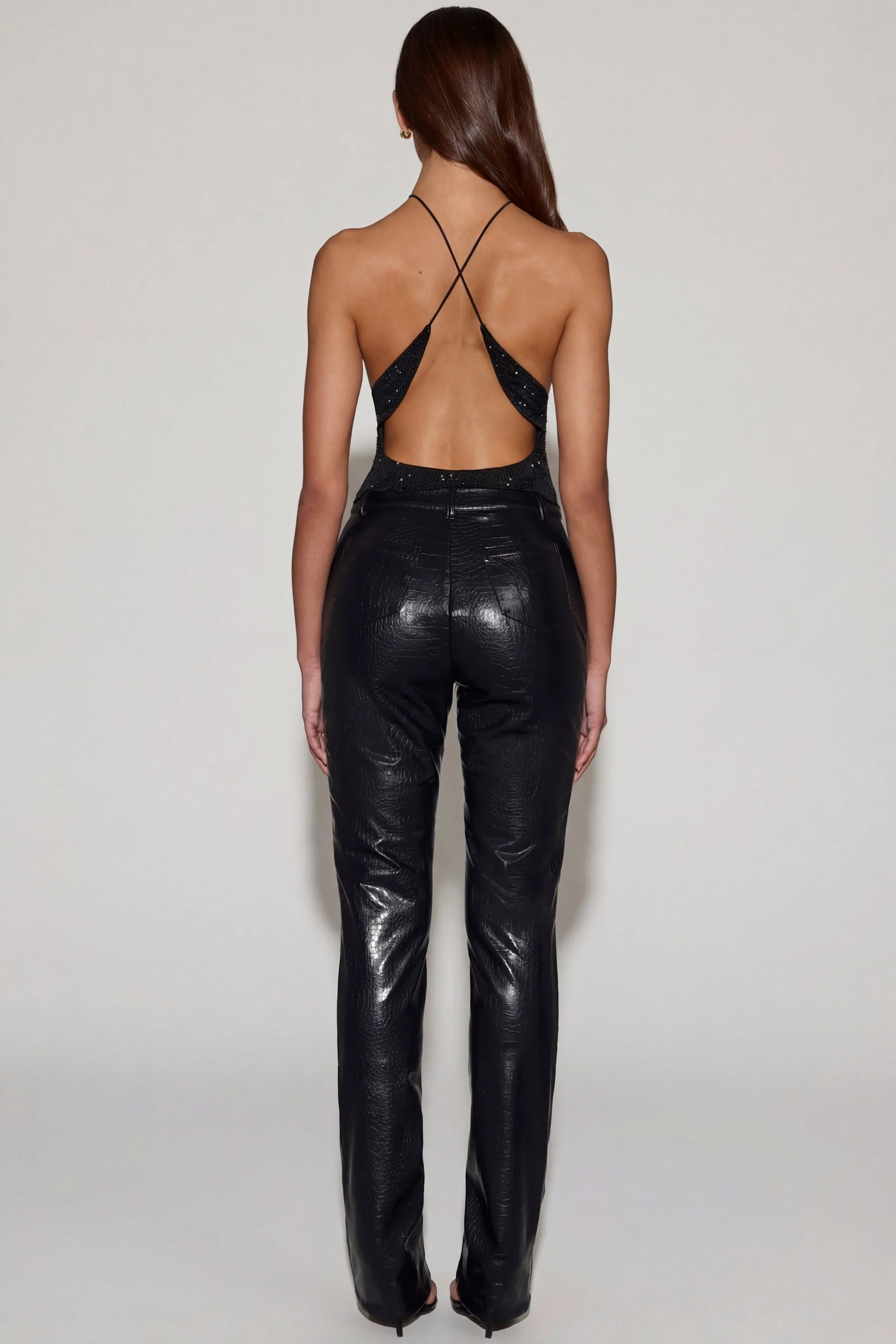 Faux Croc-Leather Straight-Leg Trousers in Black - Image 2