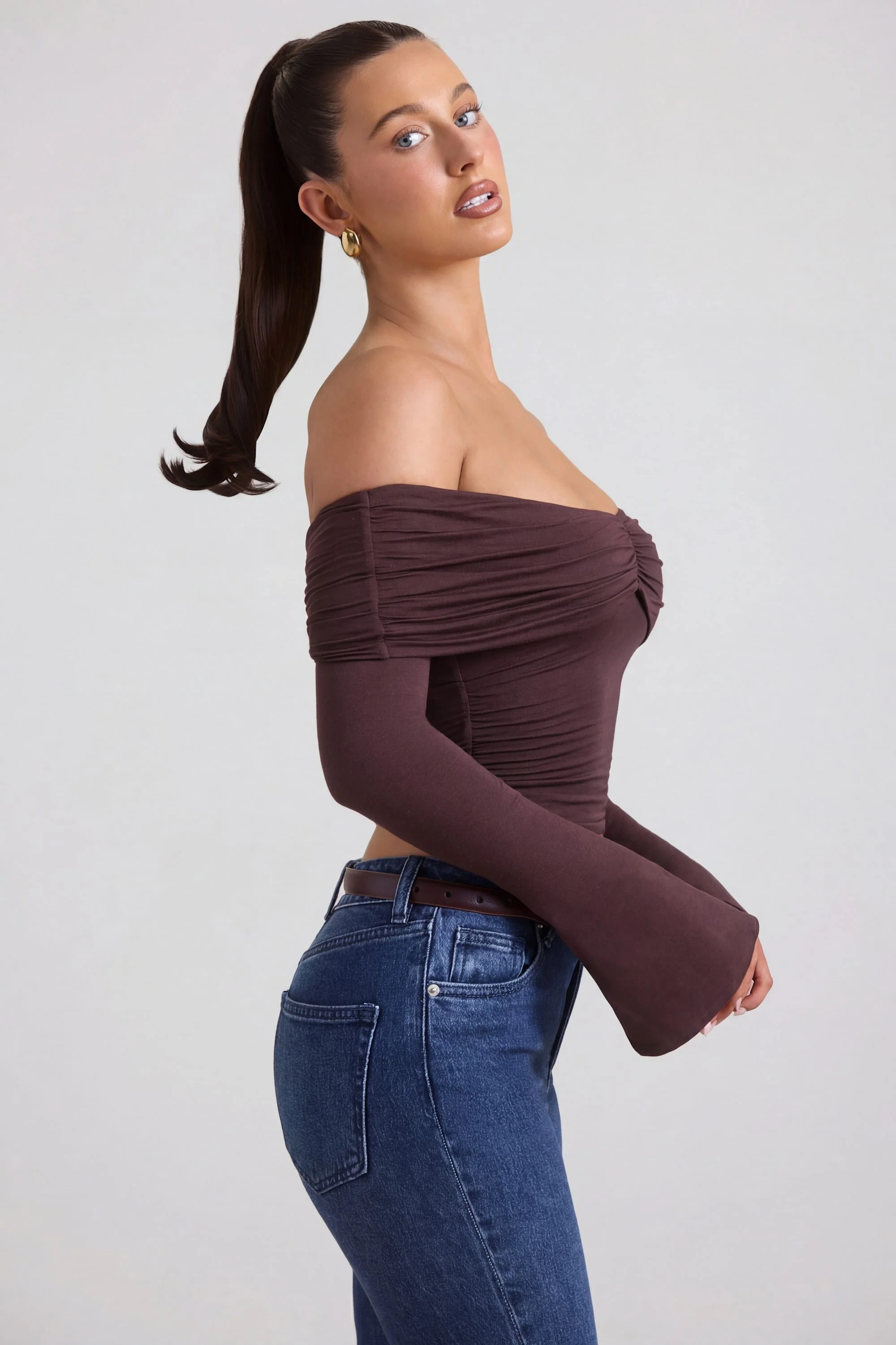 Modal-Cashmere Blend Off-Shoulder Ruched Top in Espresso - Image 3