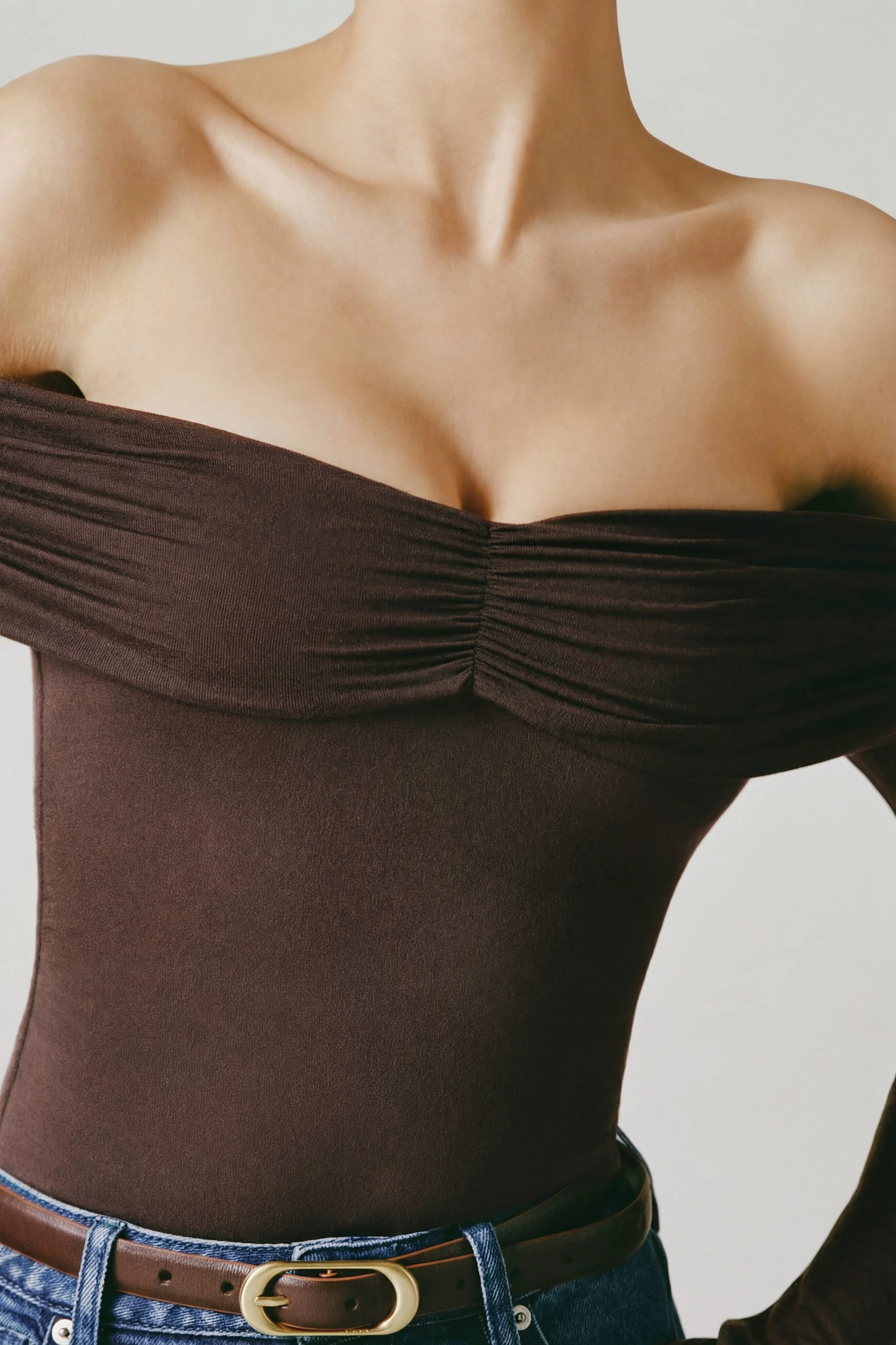 Modal-Cashmere Blend Off-Shoulder Ruched Top in Espresso - Image 5