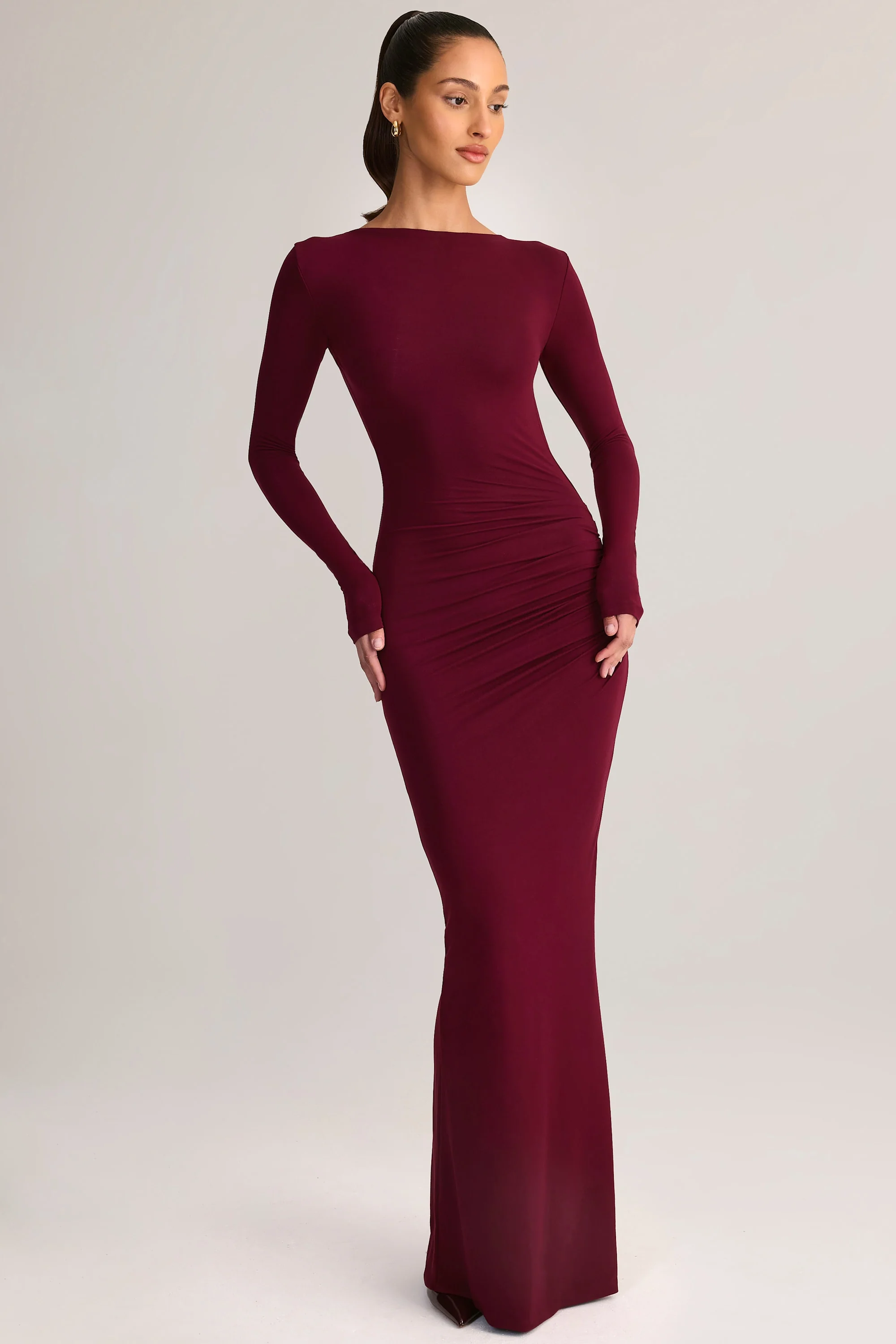 Modal Ruched Backless Maxi Dress in Wine - Image 2