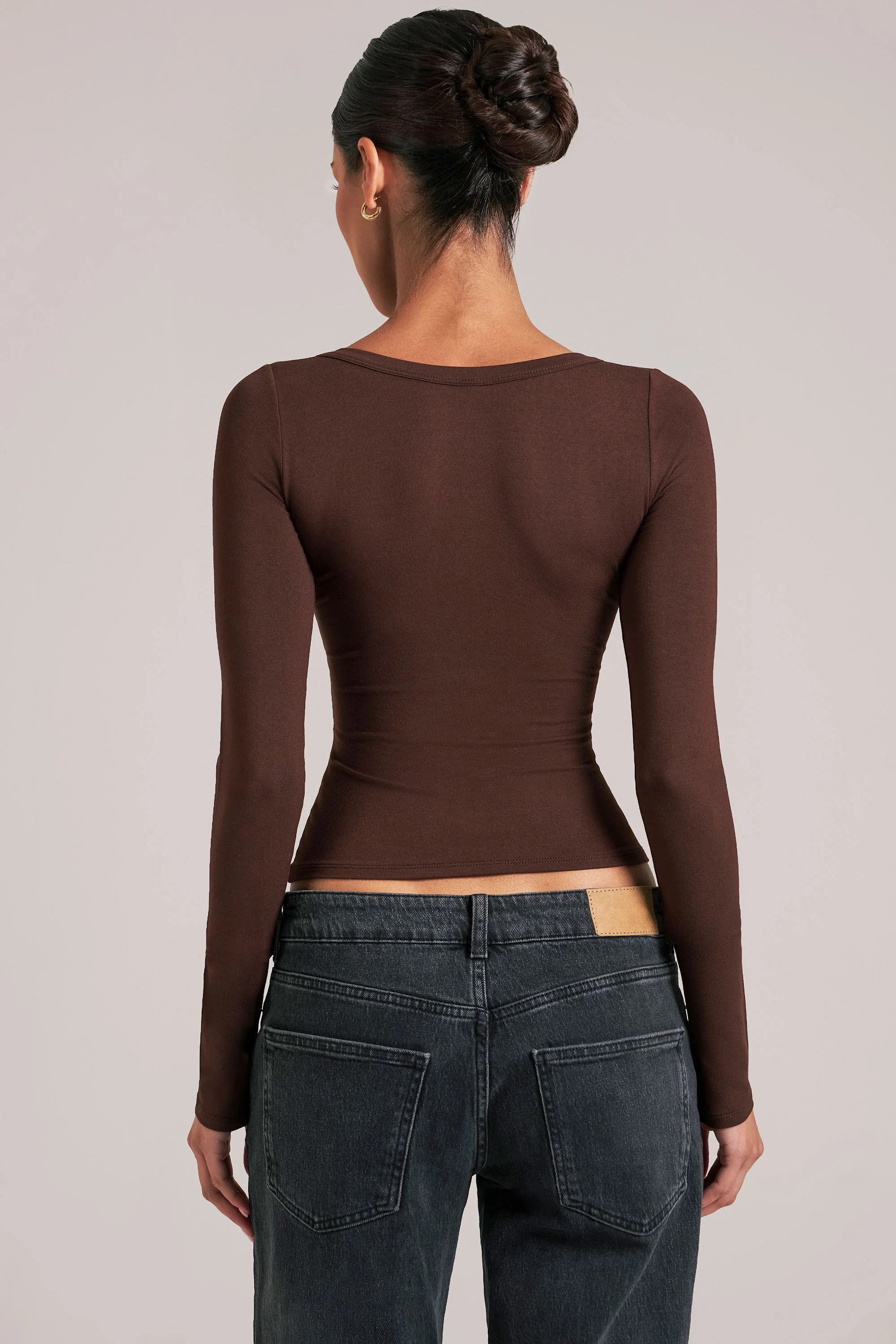V-Neck Long-Sleeve Top  in Chocolate Brown - Image 2